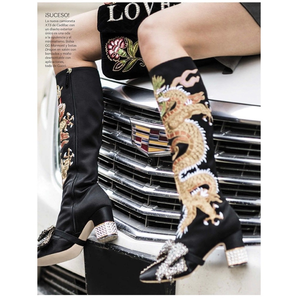 Gucci Satin‎ Malaga Dragon Embroidered Knee Hi Boots Rhinestone Block Heel 39